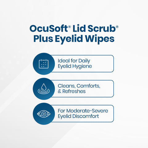 Image of OCuSOFT Lid Scrub Plus 30 Pre-Moistened Pads instructions features text: Ideal for Daily Eyelid Hygiene, Cleans, Comforts & Refreshes, and For Moderate-Severe Eyelid Discomfort. With extra strength formula, these eyelid cleansing pads are depicted with illustrative icons.