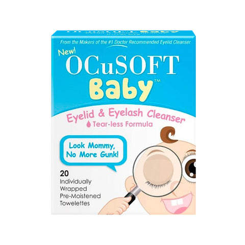 OCuSOFTs Ocusoft Baby Eyelid & Eyelash Cleanser (20 Wipes) is packaged in a blue and white box featuring a cartoon baby with a magnifying glass. It offers a Tear-less Formula ideal for delicate skin and playfully states, Look Mommy, No More Gunk!.