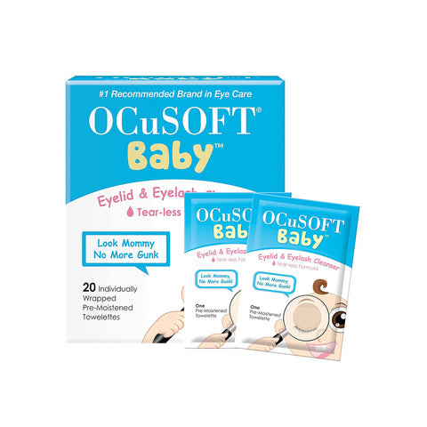 OCuSOFT Ocusoft Baby Eyelid & Eyelash Cleanser comes in a blue and white box with the slogan Look Mommy, No More Gunk. It features a tear-less formula for infants delicate skin and contains 20 individually wrapped, pre-moistened wipes.
