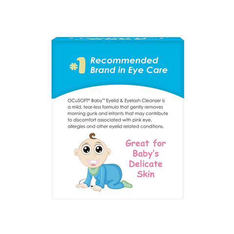 The image depicts the OCuSOFT Baby Eyelid & Eyelash Cleanser (20 Wipes) box, highlighting it as the #1 recommended eye care brand. It features a tear-less formula for delicate skin with an illustration of a smiling baby in blue pajamas on the packaging.