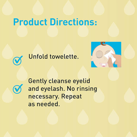 Instructions for using Ocusoft Baby Eyelid & Eyelash Cleanser wipes: 1. Unfold the towelette. 2. Gently cleanse eyelids and eyelashes—tear-free formula for delicate skin, as shown with a cartoon character on a yellow background with water droplets. No rinsing needed; blue checkmarks highlight steps.