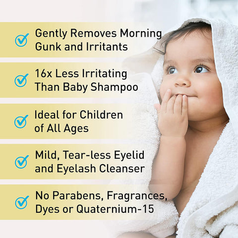 A baby wrapped in a towel gazes up with a hand near their mouth. Text overlay highlights Ocusoft Baby Eyelid & Eyelash Cleanser (20 Wipes) features: gentle removal of morning gunk, tear-less formula is less irritating than baby shampoo, suitable for delicate skin and all ages, mild cleanser free from parabens, fragrances, dyes, and Quaternium-15.