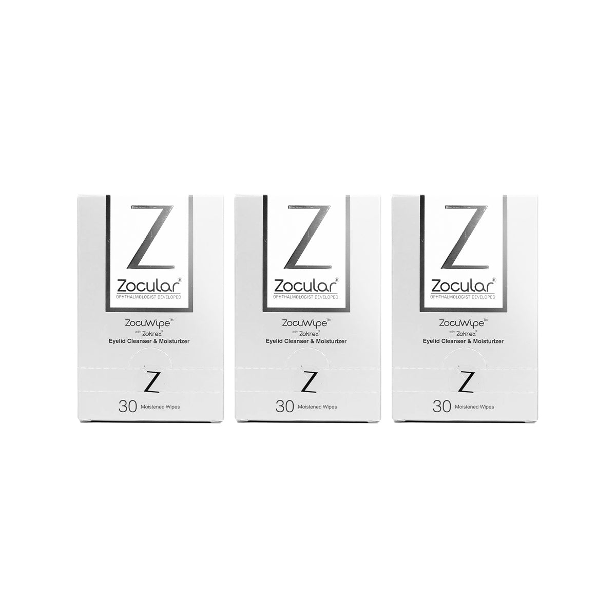 Three packages of the Zocular ZocuWipe 3-pack Eyelid Cleanser and Moisturizer, offering a 90-day supply with 90 okra-based wipes total (3 packs of 30 each), are displayed side by side on a white background, providing gentle eyelid cleansing and soothing moisture.