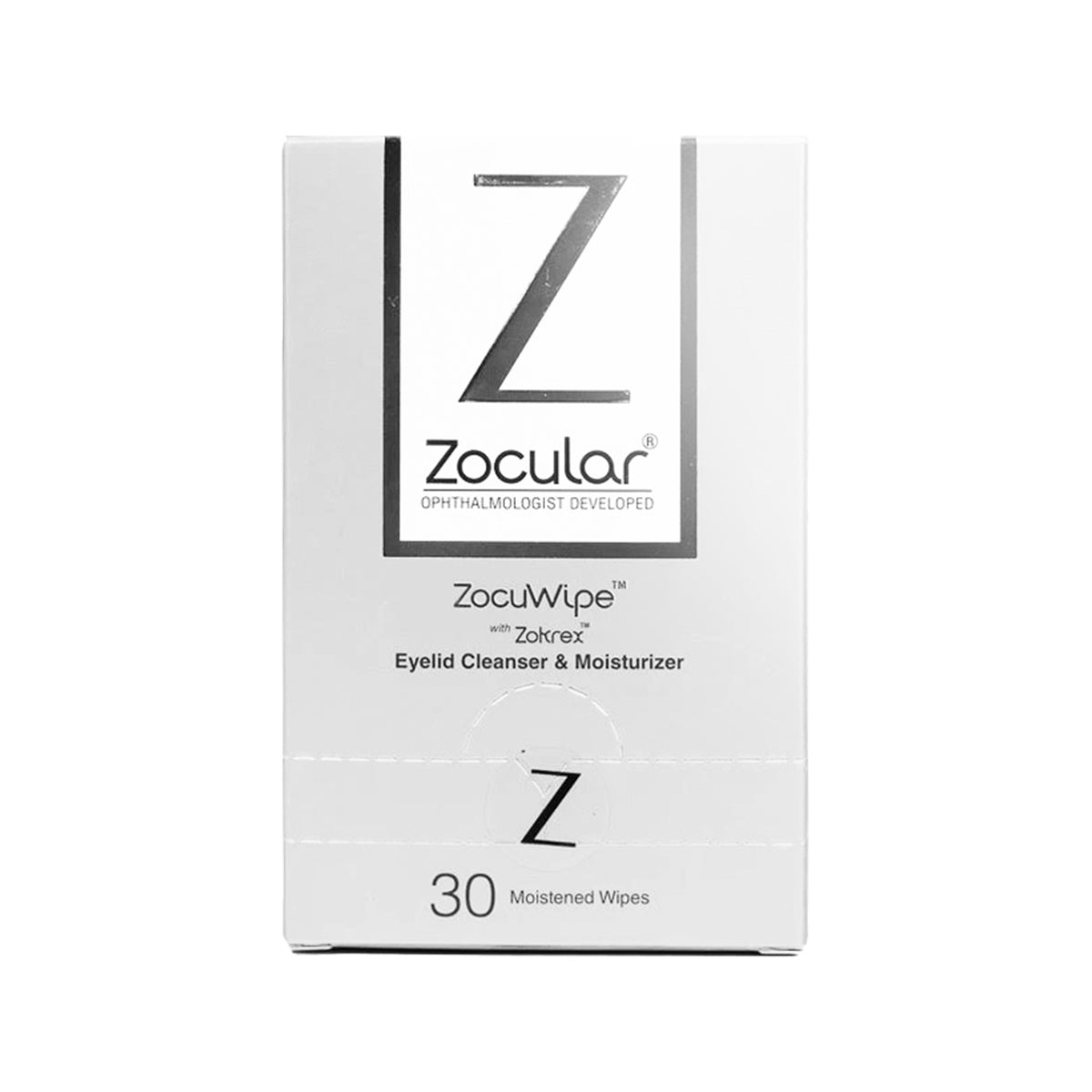 The ZocuWipe Eyelid Wipes by Zocular feature white packaging with a large Z logo, offering gentle okra-infused cleansing for dry eye relief and blepharitis. It contains 30 moistened wipes, promoting optimal skin health with sophisticated, minimalistic vertical branding.
