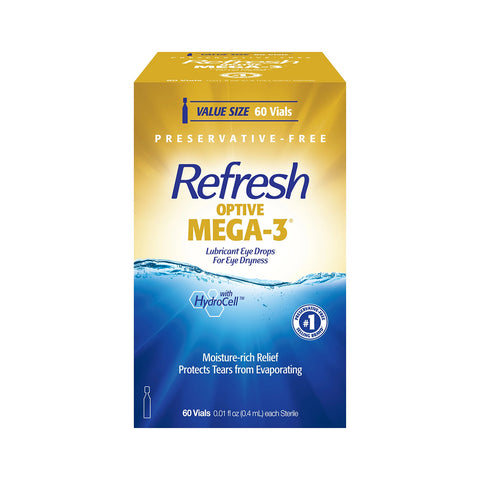 A yellow and blue box of Abbvies Refresh Optive Mega-3® Preservative-Free Lubricant Eye Drops (0.4mL Vials, 60-Count) showcases Lipid-Enhanced Relief and highlights Moisture-rich relief, with a graphic of water bubbles.
