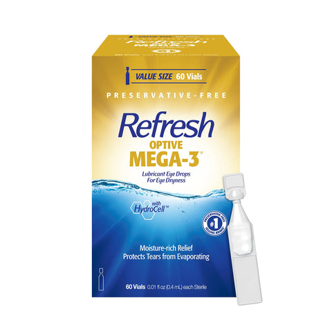 The image showcases a box of Refresh Optive Mega-3® Preservative-Free Lubricant Eye Drops by Abbvie. The yellow and blue packaging highlights Lipid-Enhanced Relief and Moisture-rich Relief. The set includes 60 vials, with one vial displayed separately.