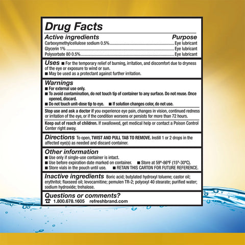 The image features a text that outlines the drug facts for Abbvies Refresh Optive MEGA-3 Preservative-Free Lubricant Eye Drops. It lists active ingredients like Carboxymethylcellulose sodium, Glycerin, and Polysorbate 80. Designed for Lipid-Enhanced Relief, its suitable for MGD sufferers. Background imagery includes a water splash with bubbles and contact info is provided.