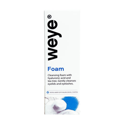 The image shows a white box with Weye in bold black letters. Below, Foam highlights a gentle cleanser containing hyaluronic acid and tea tree for eyelid hygiene and blepharitis prevention, while the product graphic at the bottom emphasizes dryness relief and soothing properties with chamomile and calendula.