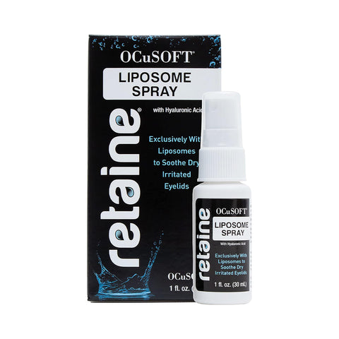 The image shows an OCuSOFT product, the Retaine Liposome Spray to Soothe Irritated Eyelids with HA (30mL), featuring black and white packaging. This 1 fl. oz. spray uses Patented Liposome Technology and highlights its hyaluronic acid content on the packaging.
