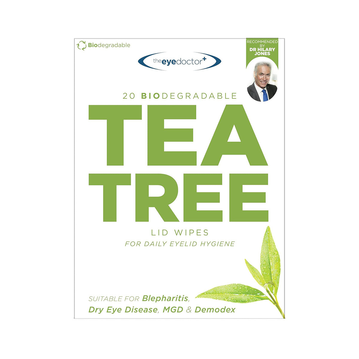 Packaging of The Eye Doctor Tea Tree Oil Lid Wipes (20ct) highlights biodegradable wipes for eyelid hygiene, effective for blepharitis, dry eye disease, MGD, and demodex. Features a small portrait of a smiling person and two tea leaves.