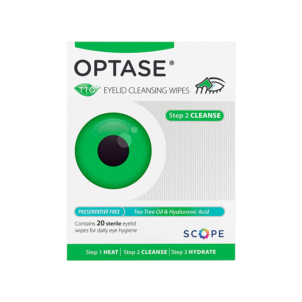 The Optase Tea Tree Oil Eyelid Wipes box of 20 features a striking green eye graphic. Preservative-free, these wipes highlight eyelid hygiene with tea tree oil and hyaluronic acid. Use involves three steps: Heat, Cleanse, Hydrate.