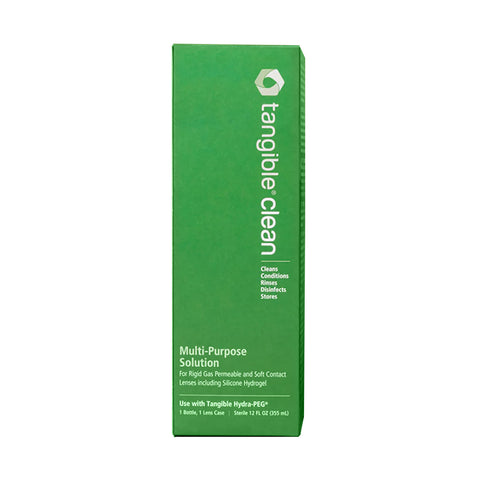 A green box of Tangibles Tangible Clean Multi-Purpose Solution for RGP, scleral, and soft contact lenses, including Hydra-PEG coated lenses. It cleans, conditions, rinses, disinfects, and stores. Pack includes a 2 fl oz (59 mL) bottle and lens case.