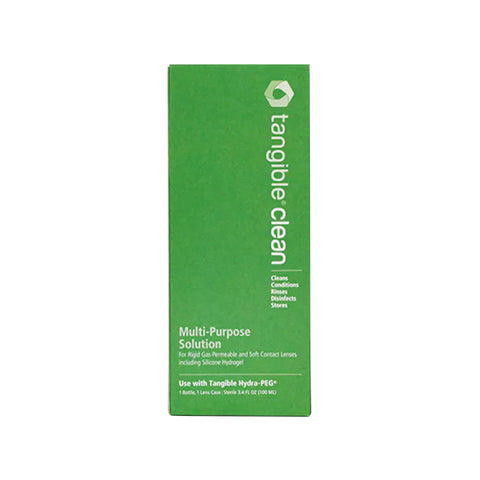 Green rectangular packaging of Tangible Clean Multi-Purpose Solution for RGP, scleral, soft, and Hydra-PEG coated lenses. Suitable for silicone hydrogel lenses; it cleans, conditions, disinfects, and stores. Available in 4 oz (118 mL). Brand: Tangible.