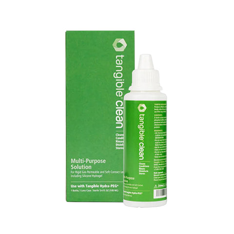 A green rectangular box of Tangible multipurpose solution for RGP, scleral, and soft lenses stands beside a white pointed-cap bottle with matching green labeling. Ideal for Hydra-PEG coated lenses, its versatile for all lens types.