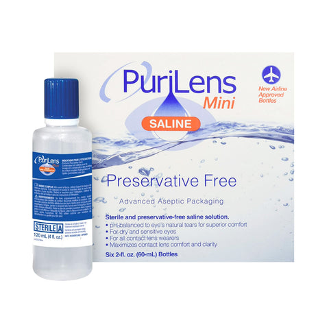 The image features a Purilens Plus preservative-free saline bottle and packaging, highlighting it as airline-approved. Perfect for sensitive eyes and all lenses, the pack includes six sterile 2 fl. oz. (60 mL) bottles to ensure comfort while traveling.
