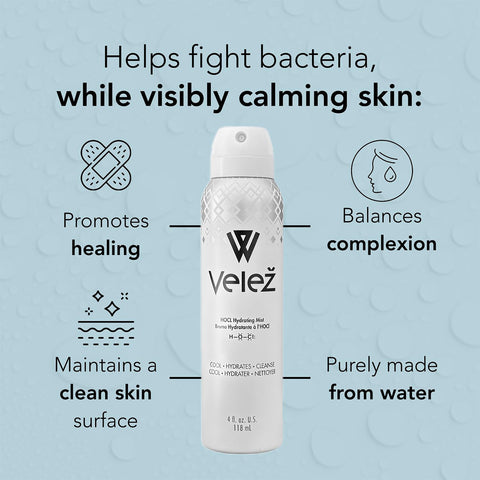 Image of Velez HOCL Hydrating Mist for Face and Eyelids (4 oz) by Velez. Text: Promotes healing, balances complexion, maintains clean skin with Hypochlorous Acid. Made purely from water using Bag-on-Valve technology. Background: light blue with subtle water droplet patterns.