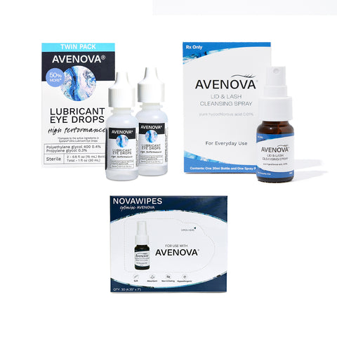 The Avenova Complete Kit, featuring Hypochlorous Spray, Nova Wipes, and two bottles of lubricants from Avenova, is displayed on a white background.