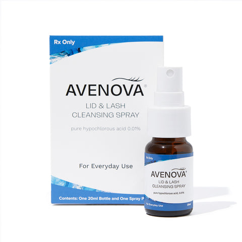 The Avenova Complete Kit, featuring Hypochlorous Spray with Nova Wipes and two bottles of lubricants, is displayed in front of its branded packaging. The Avenova label emphasizes its daily antimicrobial eye care benefits.