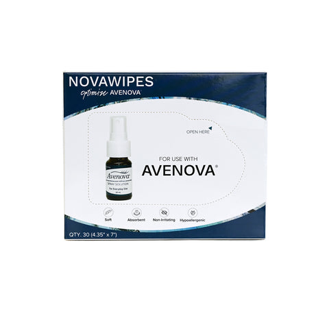 The Avenova Complete Kit includes Hypochlorous Spray, Nova Wipes (30 soft, hypoallergenic wipes), and 2 bottles of lubricants—all designed by Avenova for gentle, effective eyelid cleansing and care.