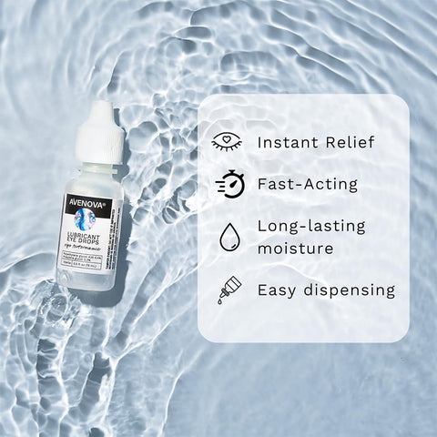 Avenova Complete Kit floats on rippled water, with icons showing instant relief, fast-acting and long-lasting moisture, plus easy dispensing—ideal to use after Avenova Professional Strength products. Includes Hypochlorous Spray, Nova Wipes & 2 Lubricant bottles.