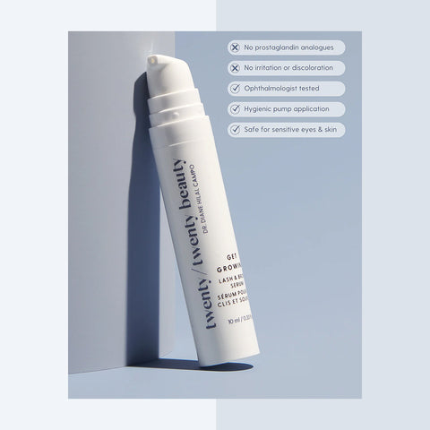 A white bottle of Twenty/Twenty Beautys Get Growing Lash & Brow Enhancing Serum (10ml) leans against a blue surface, highlighting features like no irritation, ophthalmologist-tested formula, hygienic pump, and suitability for sensitive eyes and skin.