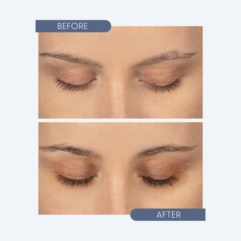 A close-up showcases before and after shots of closed eyes. The before image shows sparse eyebrows, while the after reveals fuller brows, achieved with the Twenty Twenty - Get Growing Lash & Brow Enhancing Serum (10ml Bottle).