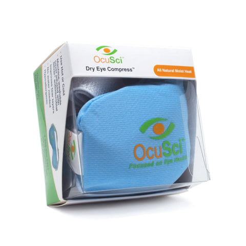 The OcuSci Heat Mask packaging features a blue microwavable mask with the OcuSci logo. The clear box reveals the all-natural moist heat mask, elegantly enhanced with Silver+ antimicrobial technology for optimal eye care protection.