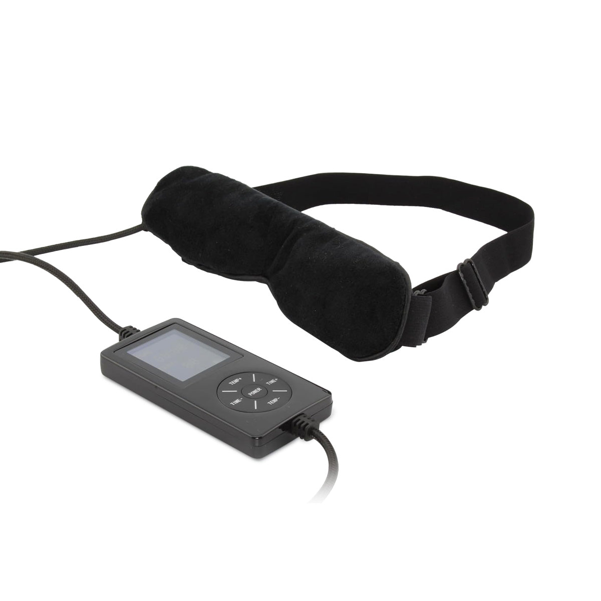 The Wizard Research USB Heated Eye Mask by Wizard Research is a black adjustable eye mask with a cushioned design. It connects to a remote control featuring a digital screen and buttons, perfect for eye care or relaxation, providing comforting heat therapy.