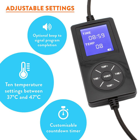 The Wizard Research USB Heated Eye Mask features a digital controller with a screen showing time and temperature settings, adjustable options, a countdown timer, sound alerts, and offers ten temperature settings from 37°C to 47°C for ideal eye care.