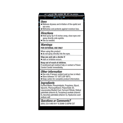 Image of the OCuSOFT product label for Ocusoft Retaine Liposome Spray (30mL), designed to soothe dryness and irritation of eyelids with patented liposome technology. Includes directions, warnings, ingredients like hyaluronic acid, and contact info for queries.