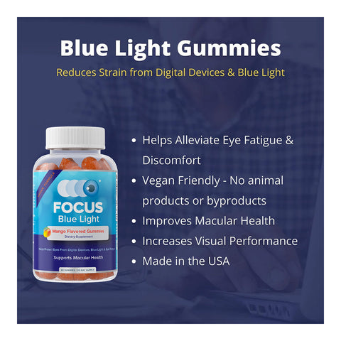 Image of a product poster for Focus Vitamins’ Focus Blue Light Mango Flavored Gummies. These vegan gummies protect against blue light, improve macular health, and boost visual performance. Infused with lutein and zeaxanthin, theyre made in the USA. The container is labeled Focus Blue Light.