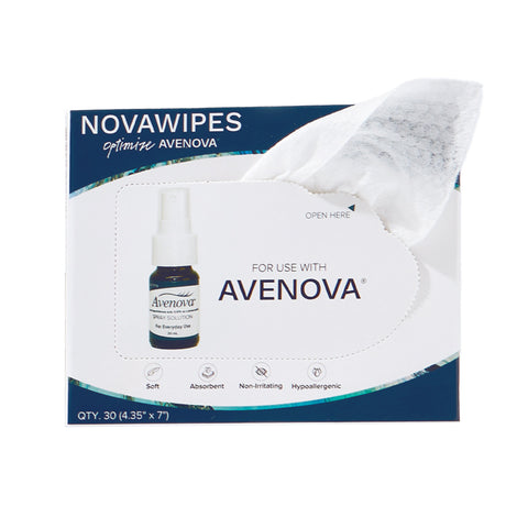 A box of NovaWipes pads for use with Avenova Spray by Avenova, showing a spray bottle graphic and an open flap with a pad partially pulled out. The pads are soft, absorbent, hypoallergenic, and non-irritating.