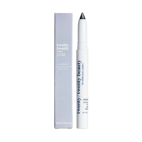 The Twenty Twenty Visionary Eye Shadow Stick, oil-based with no flakes, features eye-safe ingredients, a pointed tip, and light-colored packaging. Both the stick and its box showcase twenty twenty beauty in black lettering, ideal even for those conscious of dry eye disease.