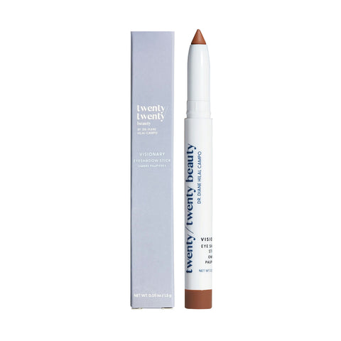 The Twenty Twenty Visionary Eye Shadow Stick (Oil Based, no Flakes) in brown boasts elegant light gray packaging, clear brand labeling, and eye-safe ingredients, making it ideal for those with dry eye disease.