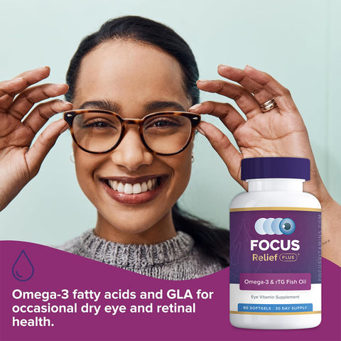 A smiling person adjusts their glasses next to a bottle labeled Focus Vitamins Focus Relief Plus Omega-3 Softgels. Below, the text states: Omega-3 and GLA supplement for occasional dry eye relief and retinal health, with a purple and gray color scheme.