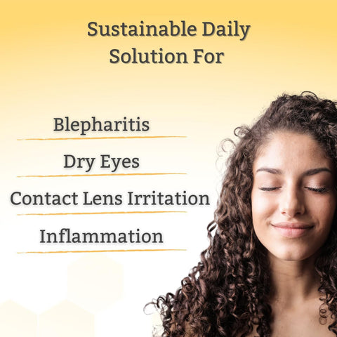 A young woman with curly hair smiles, eyes closed, under the text: Sustainable Daily Solution For. Below, it lists: Blepharitis, Dry Eyes, Contact Lens Irritation, Inflammation. The yellow background boasts hexagonal patterns like Manuka Honey. Product: TearRestore NeutraWipe Eco.