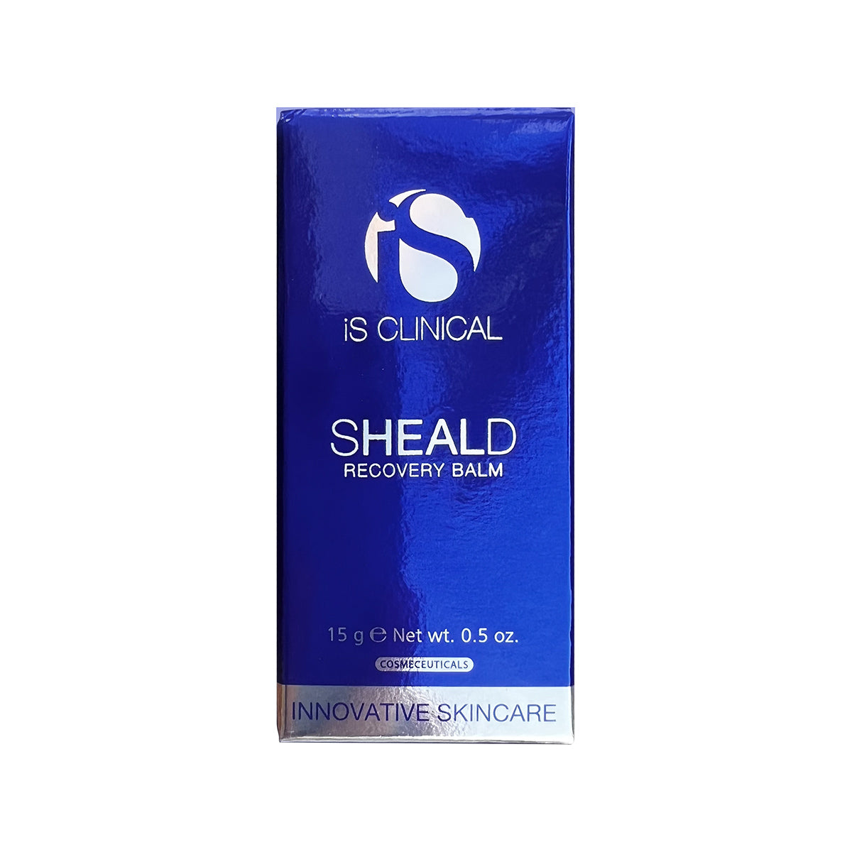 The iS Clinical Sheald Recovery Balm, 15g, features blue packaging with white branding text and highlights 0.5 oz, Cosmeceutical, and Innovative Skincare focused on hydration benefits for sensitive skin.