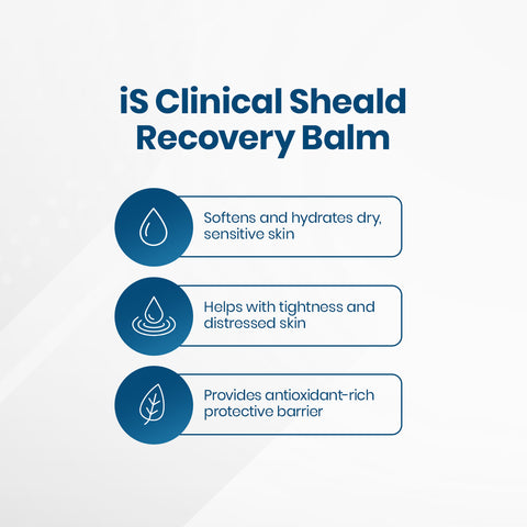 The iS Clinical Sheald Recovery Balm infographic showcases three benefits: it softens and hydrates sensitive skin, alleviates tightness and distress, and offers an antioxidant-rich protective barrier. Icons enhance clarity for this soothing solution from iS Clinical.