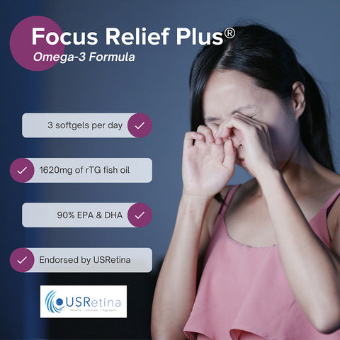A woman in a sleeveless top rubs her eyes as text highlights Focus Vitamins Focus Relief Plus Omega-3 Softgels, providing dry eye relief with 1620mg of rTG fish oil, 90% EPA & DHA. Take 3 daily. Endorsed by USRetina with its logo below.