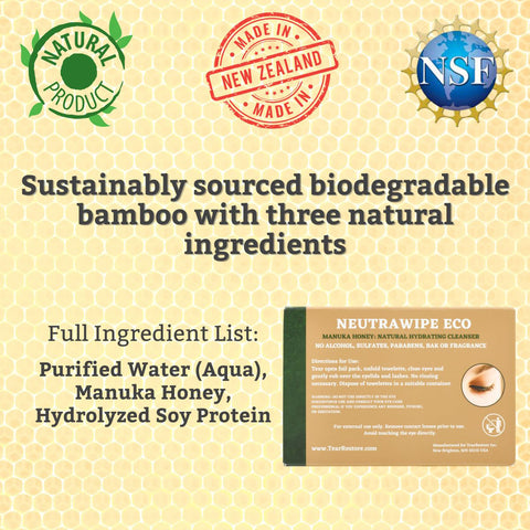The image highlights badges for TearRestores NeutraWipe Eco Manuka Honey Eyelid Wipes, made in New Zealand with NSF certification. These sustainably sourced biodegradable bamboo wipes contain purified water, Manuka honey, and hydrolyzed soy protein, making them ideal for sensitive eyes.