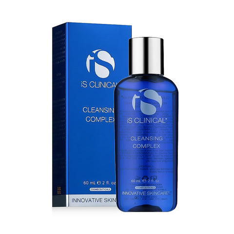 A 60 ml blue iS Clinical Cleansing Complex bottle with a silver cap and sleek white text stands before its matching blue box. Designed for blemish-prone skin, the cleansing gel features the brands logo prominently displayed.