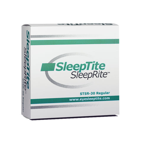 Box of SleepTite, SleepRite by Ophthalmic Resources Partners with a green and gray design featuring STSR-30 Regular and www.eyesleeptite.com, includes a curved line graphic to highlight its hypoallergenic lid seals, ideal for preventing dry eye symptoms.