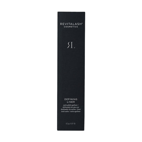 A sleek, tall black box of RevitaLash Defining Liner Eyeliner features minimal white branding and a high-tech applicator for precise, smudge-proof lines.