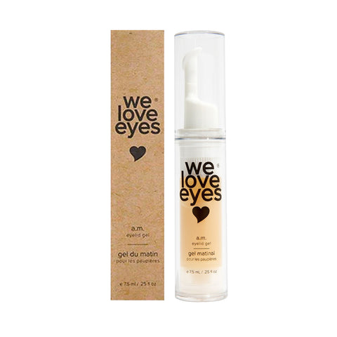 The We Love Eyes - AM Eyelid Gel - 7.5ml is displayed next to its brown cardboard box. The clear bottle with a white pump shows the brand and heart logo, containing 0.25 fl oz of hydrating eye cream perfect for MGD and dry eyes.