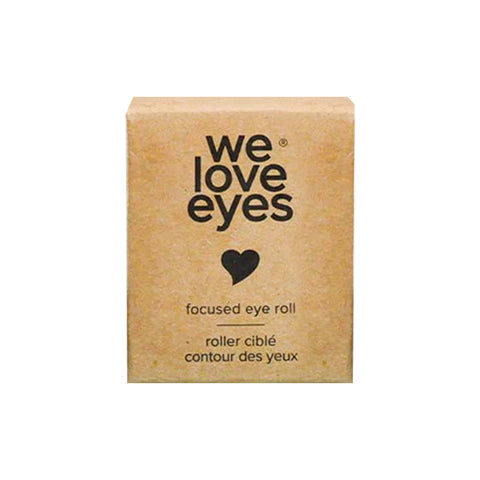 The We Love Eyes - Focused Eye Roll features a sleek stainless steel applicator and brown packaging with black text and a heart design. Its perfect for toning, depuffing, and relaxing tired eyes with fingertip precision using a hot compress to massage meibomian glands.
