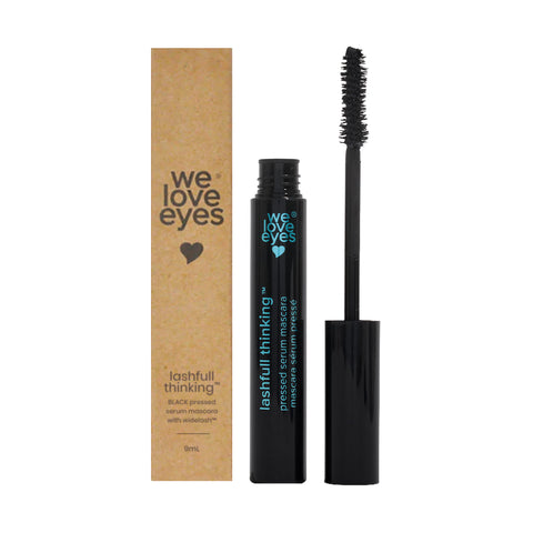 A 9ml black We Love Eyes Lashfull Thinking pressed serum mascara with Widelash, enhancing lashes and promoting healthy eyelid skin, is shown beside its box reading we love eyes and lashfull thinking.