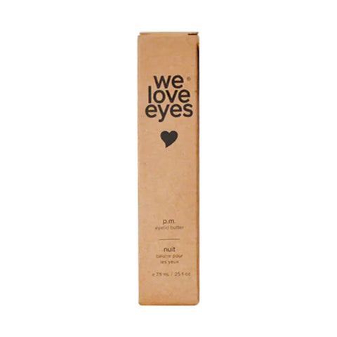 A tall, rectangular brown box with We Love Eyes and a heart symbol on the front contains the P.M. Eyelid Butter (7.5ml). The packaging reads, nuit before your 15 secs. This formula targets fine lines and addresses dry eyes for optimal comfort.