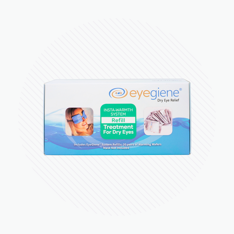 The product box image displays Eyegiene Insta-Warmth REFILLS for dry eye relief. It includes 30 pairs of inserts ideal for MGD treatment, featuring graphics and a user with an eye mask.