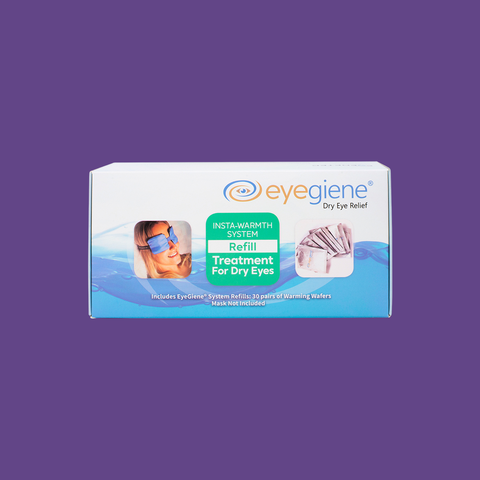 A box of Eyegiene Insta-Warmth REFILLS (30 Pairs of Inserts) against a purple background, featuring images of an eye mask and warming wafers, effectively promoting MGD treatment and dry eye relief.
