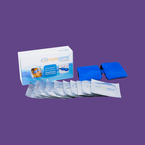 Box of EyeGiene Insta-Warmth REFILLS (30 Pairs of Inserts) on a purple background. Features individual mask packets and blue reusable wraps, highlighting moist-heat therapy ideal for MGD treatment and soothing dry eyes effectively. Produced by the brand Eyegiene.